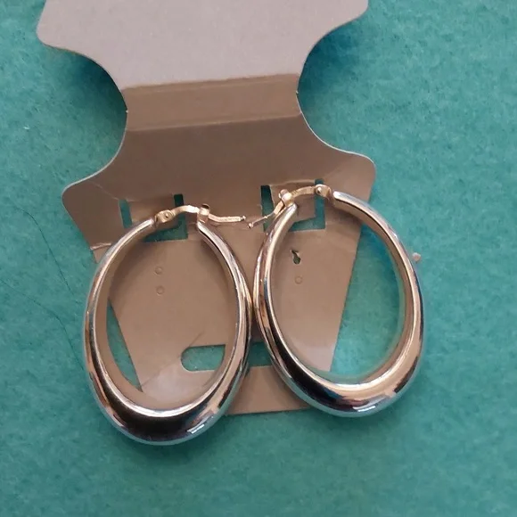 Italian Sterling Silver Oval Hoop Earrings - Picture 2 of 6